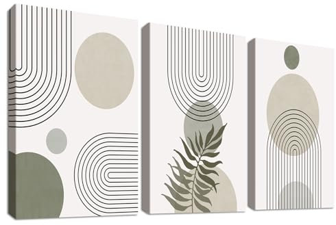 3Pcs Marco de Madera Cuadro Moderno Línea Geométrica Beige Verde Lienzo Decorativos Pintura Imagen Boho Abstracto Verde Salvia Minimalista Cuadros Decoracion Salon Dormitorios Baño Pasillo 30cmx40cmx3