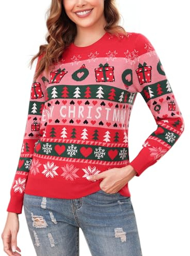 Wayleb Maglione di Natale Donna Girocollo Merry Christmas Maglioni Natale Coppie Partner Maglioncini Natalizi Divertente Maglione Natalizio Lavorato a Maglia a Maniche Lunghe, Rosso XXL