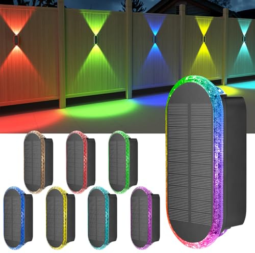 ELLASAY Solar Fence Lights Outdoor Wall: 8 Pack IP65 Waterproof LED Lights with Multicolour Modes & Auto Cycle – Up & Down Glow for Garden/Fence/Patio Lighting