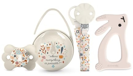 Suavinex, Regalo Recién Nacido. Set Regalo Bebé con: Chupete con Tetina Fisiológica SX Pro para Bebés 0/6 Meses + Chupetero + Portachupetes Duo + Mordedor de Silicona. (4 Pcs). Wonderland, Beige