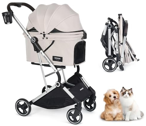Beberoad T4 Pet Stroller for Small Medium Dogs Cats, 4 Wheels Foldable Pet Pram Dog Pushchair with Pad & Cup Holder, Travel Dog Stroller Buggy Trolley, Beige
