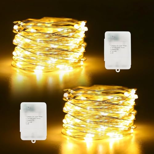 CCILAND 2 Pack Fairy Lights Battery Operated, 5M 50 LED Silver Wire String Lights Warm White Micro Twinkle Lights Waterproof for Indoor Outdoor Bedroom Wedding Party Bottle Tree Decor