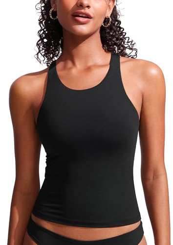 CRZ YOGA Racerback Tankini Tops for Women - Padded High Neck Modest Swim Sports Bathing Tank Only Black Medium