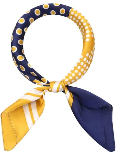 Elerevyo Women Contrast Color Polka Dots Printed Scarf, 27.6x27.6 Square Satin Symmetrical Neck Scarves Neckerchief Navy Blue Yellow 70x70cm/27.6x27.6(LxW)