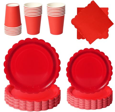 PYAILI Anniversaire Vaisselle de fete 96 Pièces Rouge Party Assiettes en Papier Set Assiettes de Fête Papier Tasses Serviettesr, pour Barbecue les Fêtes les Pique-niques -24 Invités