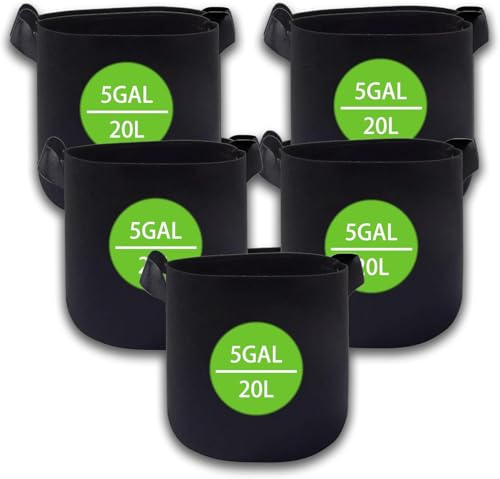 puiaxod Pflanzsack 20L (5 Gallonen) 5er Set - Extra Starker 300g/m² Vliesstoff Stofftopf - Atmungsaktive Grow Bags mit Verstärkten Griffen - Robust für Tomaten & Gemüse (Schwarz)
