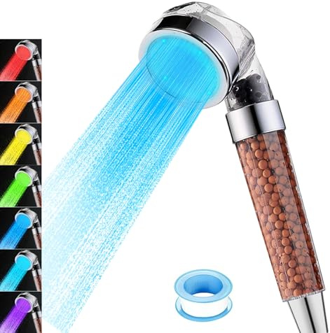 Vacto Juego de cabezal de ducha de mano LED con filtración, kit de cabezal de ducha automático de 7 colores, cabezales de ducha de ahorro de agua con cuentas de filtración, cabezal de ducha de mano de