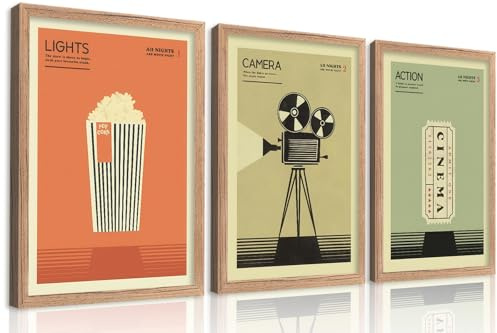 LAXIGYM 3Pcs Vintage Movie Wall Art, Film Reels Popcorn Lampligh Painting Picture Wall Decor, Home Theater Canvas Poster, Modern Room Media Cinema Print Artwork for Living Room Media Room, Unframed