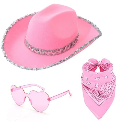Rosa Cowboy Hut Damen Set Western Filzhut mit Federtrimm Herz Brille und Rosa Bandana Accessoires Westen Cowgirl Kostüm Pinker Cowboyhut für Damen Mädchen Cosplay Party Halloween Karneval