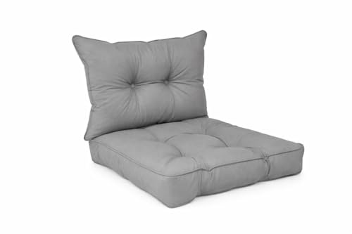 POKAR Lot de 2 Coussins de Jardin 1x Assise 50x50x10 cm + 1x Dossier 50x40x10 cm | Imperméable et Déperlant | Set de Coussins pour Chaise, Fauteuil Rotin et Salon de Jardin | Made in EU | Gris