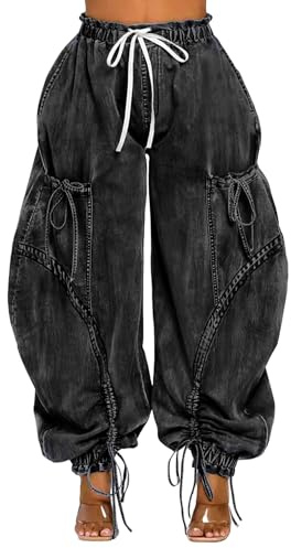Damjeans med baggy cargo, joggingbyxor, dragsko, hög midja, elastisk midja, lösa haremjeans med mjukisbyxor