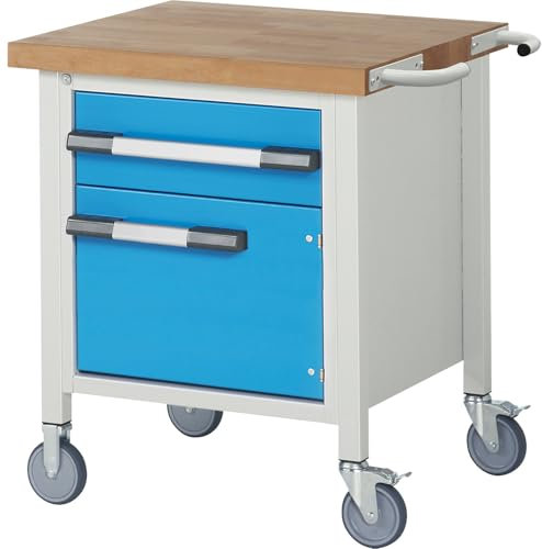 eurokraft | Fahrbare Werkbank Serie 8000 | Gestellbauweise | 1 Schublade | 1 Tür | Ablageboden | BxT 750 x 700 mm