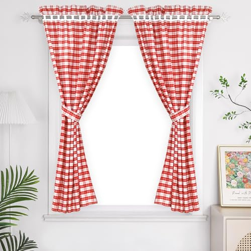 Yujiao Mao Lot de 2 Rideaux Style Campagne Motif à Carreaux Rideaux Brise-bise occultant et Salle de Bain avec 2 embrasses Rouge LxH 80x145cm