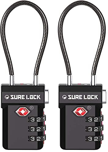 SURE LOCK TSA Approved Cable Luggage Lock TSA Locks for Luggage with Visual Inspection Indicator, Resettable 3-Digit Combination, Zinc Alloy Body for Suitcases, Backpacks, Gym Lockers(Black 2 Pack)