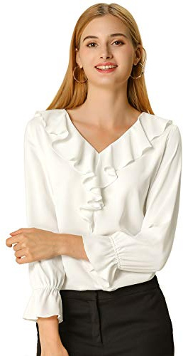 Allegra K Women's Ruffle Blouse for Business Work Elegant V Neck Long Sleeve Casual Dressy Top Medium White