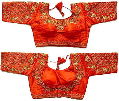Vihu mode kvinnors broderi handarbete tråd zari sten arbete färdig blus, Orange, 38