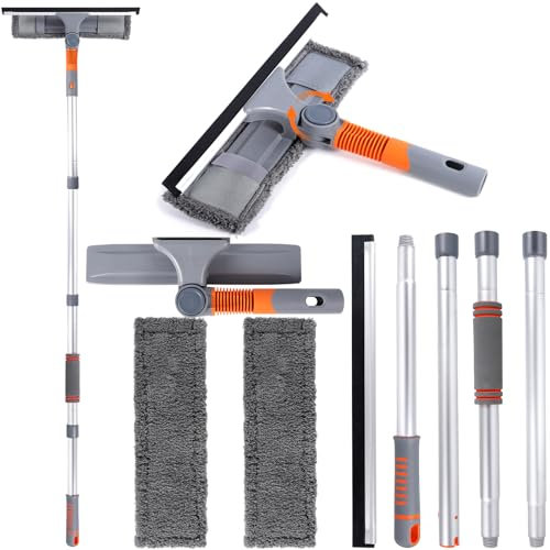 GUHAOOL 2 en 1 Limpiador de Ventanas, Limpiacristales 2 en 1 Profesional con Mango Telescópico 162cm, 2 Paños de Microfibra, Cabezal Giratorio de 180 ​​°, para Automóviles y Ventanas Exteriores Altas