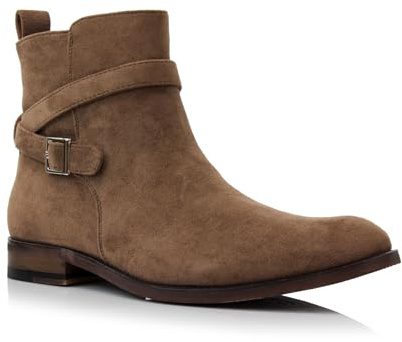 Polar Fox Derrick Men's Jodhpur Style Ankle Boot | Stylish Dress Boot with Buckle Strap and Side Zipper | MPX806077 | in Cognac Brown Suede, Size 10