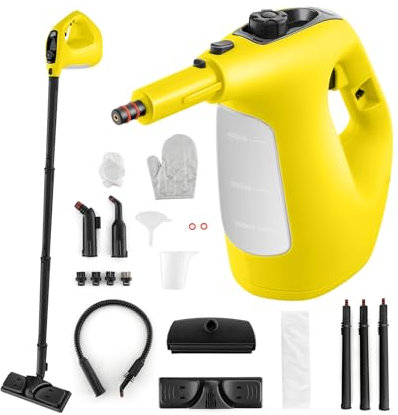 GOPLUS Nettoyeur Vapeur à Main 1400 W, Réservoir 400 ml & Verrouillage de Sécurité, Température 125 °C, Nettoyeur à Vapeur Portable avec 14 Accessoires pour Maison, Voiture (Jaune)