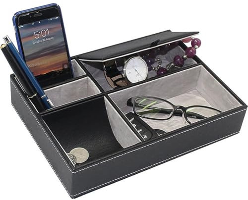 Black Faux Leather 5 Compartment Valet for Dad, Fathers’ Day Gift from Son Daughter - Desk Storage Box For Wallet, Phone, Keys, Jewellery, Men's Accessories, Money, Cufflinks- Catchall Box for Bedside