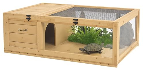 PawHut Maison pour Tortues de Terre avec Espace modulable - Habitat 2 Zones, Toit ouvrable - enclos et Cage en Bois intérieur extérieur pour Reptiles, 91x60,5x32cm Jaune Clair