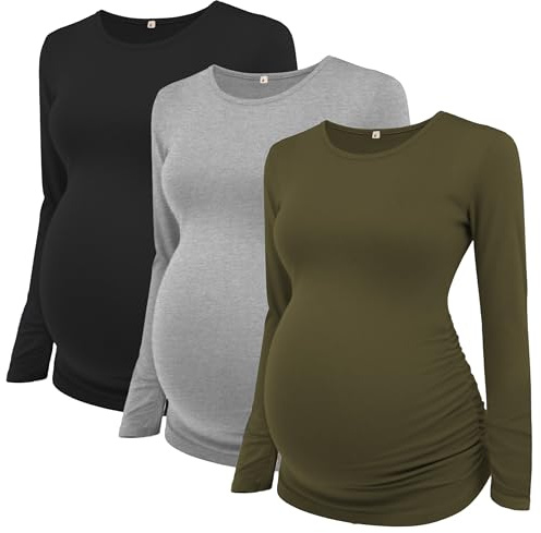 Love2Mi 3Pack Women's Maternity Tops Long Sleeve Flattering Side Ruched Maternity Shirt Maternity Clothing