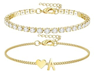 Chriscoco silver/guld initialarmband för kvinnor flickor rostfritt stål hjärtarmband justerbart silver tennisarmband personligt lager bokstav damarmband, Rostfritt stål, Ingen ädelsten