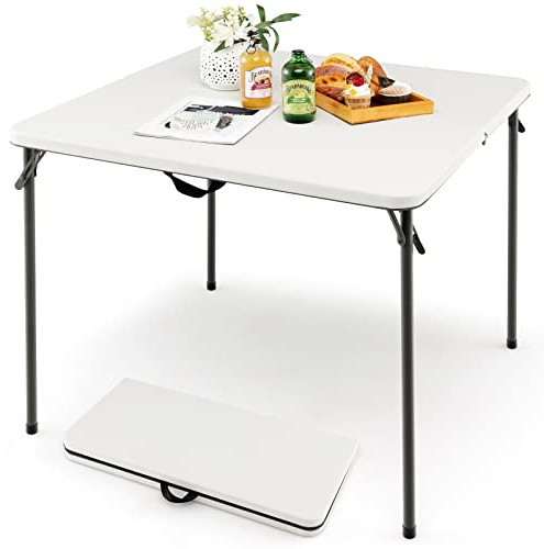 COSTWAY Klapptisch quadratisch 86x86cm, Campingtisch klappbar, Gartentisch mit HDPE-Tischplatte & Tragegriff, Balkontisch für 4 Personen, tragbarer Esstisch für Küche, Garten, Camping (Weiß)