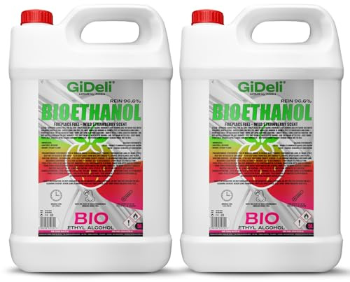 GiDeli Bioetanolo, 2 x 5 l, profumo di fragola selvatica, 96,6% etanolo, per camini interni ed esterni, senza fumo e fuliggine, da mais e barbabietola da zucchero