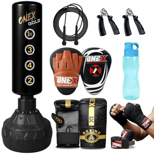 ONEX Punch Bag Set Free Standing Adult - 5ft Filled Heavy Duty Pedestal Stand Boxing Bag sets includes mitts, Pads for training Kickboxing Gym & Home Fitness Workout