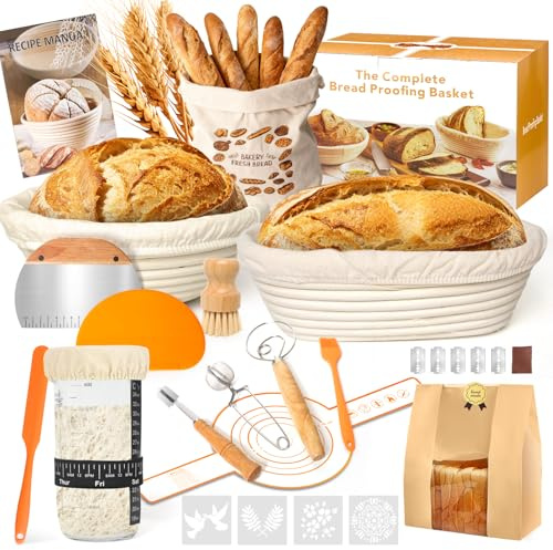 Cestino Lievitazione Panein Rattan Naturale - Cestini Lievitazione Pane (23 cm Rotondo + 25 cm Ovale) con Raschietto per Impasto, Tela in Lino e Accessori per Panificazione in Casa