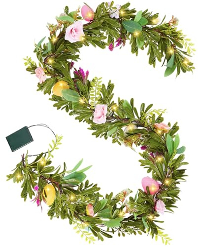 FOIMAS 6ft Easter Garland Lighted Artificial Easter Egg Garland with Flowers Spring Floral Garlands for Indoor Outdoor Home Fireplace Spring Party Decor