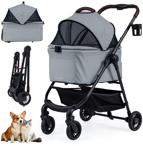 COSTWAY 3-i-1 Hundvagn med Justerbart Nättak, Korg och Mugghållare, Vikbar Husdjursbuggy för Hundar och Katter Upp till 15 kg, Transportväska, Hundbur, Metall, Grå