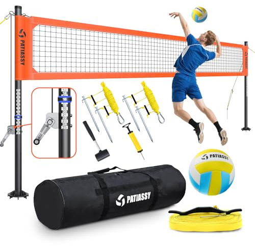 Patiassy Filet de volley-ball professionnel pour le jardin avec barres réglables en hauteur [revêtement anti-rouille] ligne limite, volleyball en polyuréthane, pompe, tendeur de corde, sac de