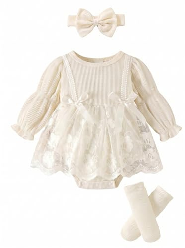 JiAmy Robe 3 pièces pour bébé fille à manches longues confortable 0-18 mois, beige, 12-18 mois