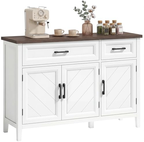 HOMCOM Credenza Cucina, Mobile Cucina con 3 Ante a Fienili, Ripiani Regolabili e 2 Cassetti, Piano Effetto Legno, Stile Rustico, Mobile Buffet per Soggiorno, Sala da Pranzo, 110x35x80.5 cm, Bianco