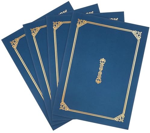HEATSHAKING Carpeta de Certificados Profesionales A4 Azul Borde Dorado, Funda para Diplomas y Documentos Importantes, 4 Piezas de Papel Elegante para Oficina y Escuela