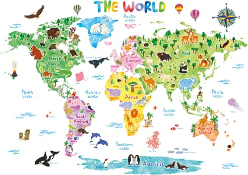 DECOWALL Extra Large Animal World Map Wall Stickers for Kids (DL3-1615)