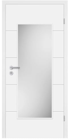 HORI Zimmertür Komplettset mit Zarge und Türdrücker I Innentür weiß lackiert mit 4 Querstreifen und Verglasung - DIN rechts - 1985 x 860 x 80 mm