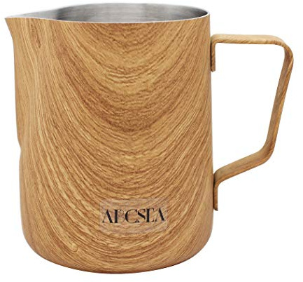 Abcsea 1 Pezzo Bricco per Latte in Acciaio Inox, Brocca di Latte, Brocca in Acciaio Inox, Montalatte Latte, Schiuma di Latte, caffè Latte Art Penna caffè, Colore Legno 350ml/12oz