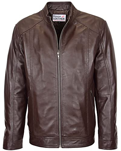 Mens Real Leather Classic Jacket Casual Zip Fastening Style Matt (XL, Brown)