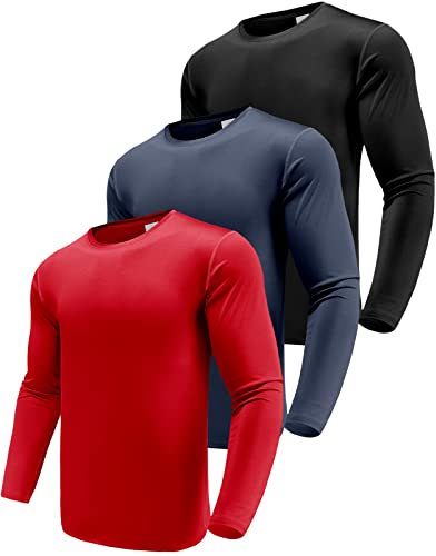 Long Sleeve Workout Shirts for Men - Dry Fit Long Sleeve T-Shirts Moisture Wicking Running Fitness Sports Athletic Crew Tee Tops Black/Navy/Red-3P05-XL