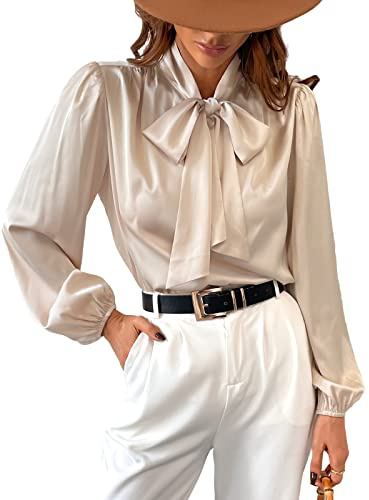 CUPSHE Camicia da donna con colletto alto con fiocco, a maniche lunghe, elegante, in raso, camicetta da ufficio, champagne, XS