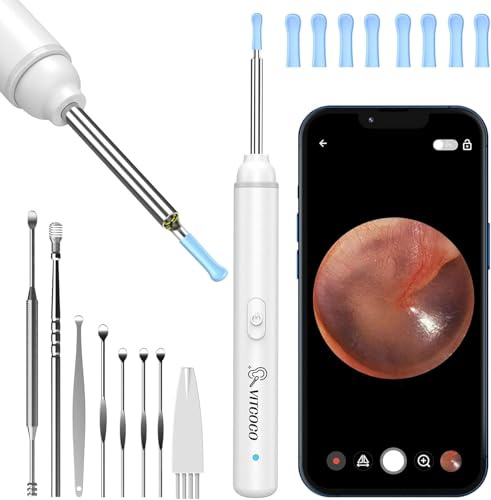 VITCOCO Otoscopio Digitale 1920P HD, con 6 Luci LED e 3,5mm Lente Impermeabile, per Pulizia Orecchie Sicura, Compatibile con iPhone, iPad, Smartphone Android e App Dedicata(Bianco)