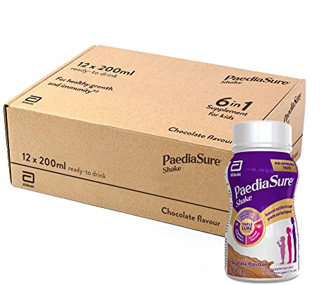 PaediaSure Shake Ready-To-Drink Bottles, 12 x 200ml, Chocolate Flavour, Supplement for Kids with 26 Vitamins & Minerals, Vitamin D, Iron & Protein, Supports Kids’ Healthy Growth & Immunity.