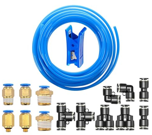 HUAZIZ 4mm OD 2,5mm ID Luft Däck PU Tub, 10 Meter Pipe för luft Polyuretan Blå +14 st Svart Däck Anslutning för luftslang Snabbspolning kopplingar