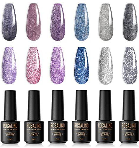 ROSALIND Esmalte de uñas semipermanente, 6 Colores Mini Brillante Pintauñas Gel de esmalte de uñas de Gel Manicura Nail Art Lote Soak Off UV LED esmalte de uñas