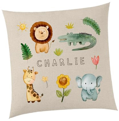 SMARTYPANTS Personalised Safari Natural Cushion - Animals Kids Wild Lion Crocodile Giraffe Elephant Name Flowers Trees Bedroom Child Home Decor Living Gifts Presents(Cover+Filling)