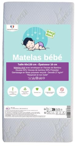 Easy Dort Matelas bébé 60x130 cm | Berceau ou lit bébé | Fabriqué en France | Été & Hiver | Double Face | Très Confortable | Housse en Bambou | Blanc |