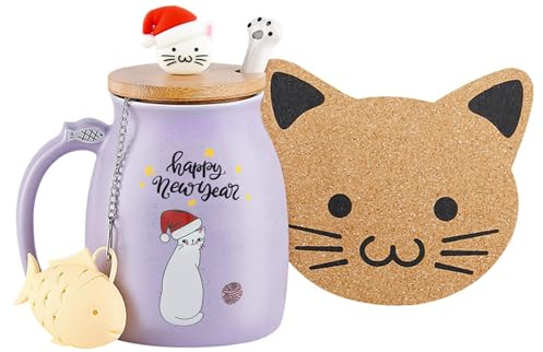 Cat Mug Christmas Mugs Cute Ceramic Coffee Cup with Lovely Kitty lid Stainless Steel Spoon Christmas Xmas Gifts for Women Presents Stocking Fillers Novelty Morning Cup Tea Milk 380ML
